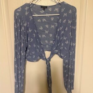 Lovely Day Dusty Blue Butterfly Tie-Front Long Sleeve Crop Top